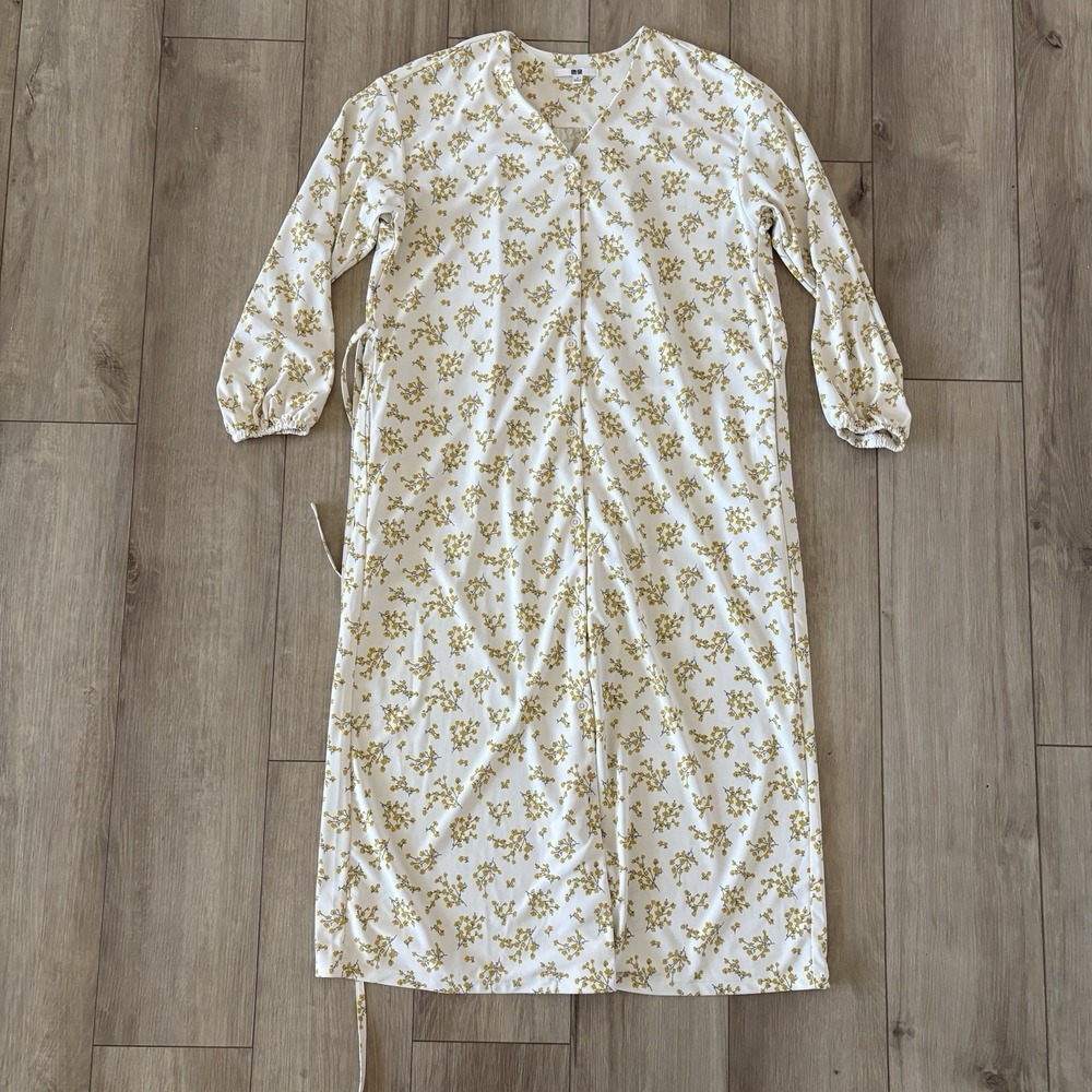 Uniqlo Printed Floral Maxi Flare Dress Small V Neck Button Tie Waist Yellow